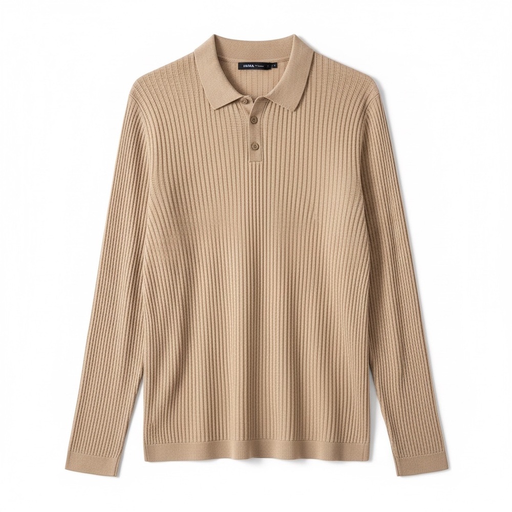 Zara Men's Beige Ribbed Polo Shirt